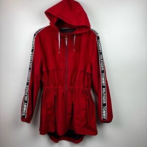 Tommy Hilfiger Red Windbreaker Jacket Side Arm Logo Stripes NWOT
